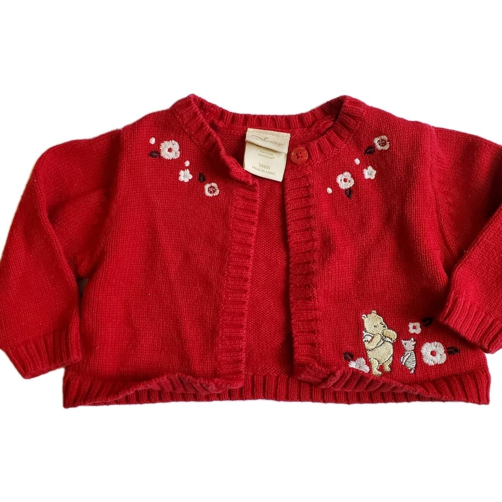 Vintage Disney Winnie The Pooh Red‎ Embroidered Knit Cardigan Sweater 3mo